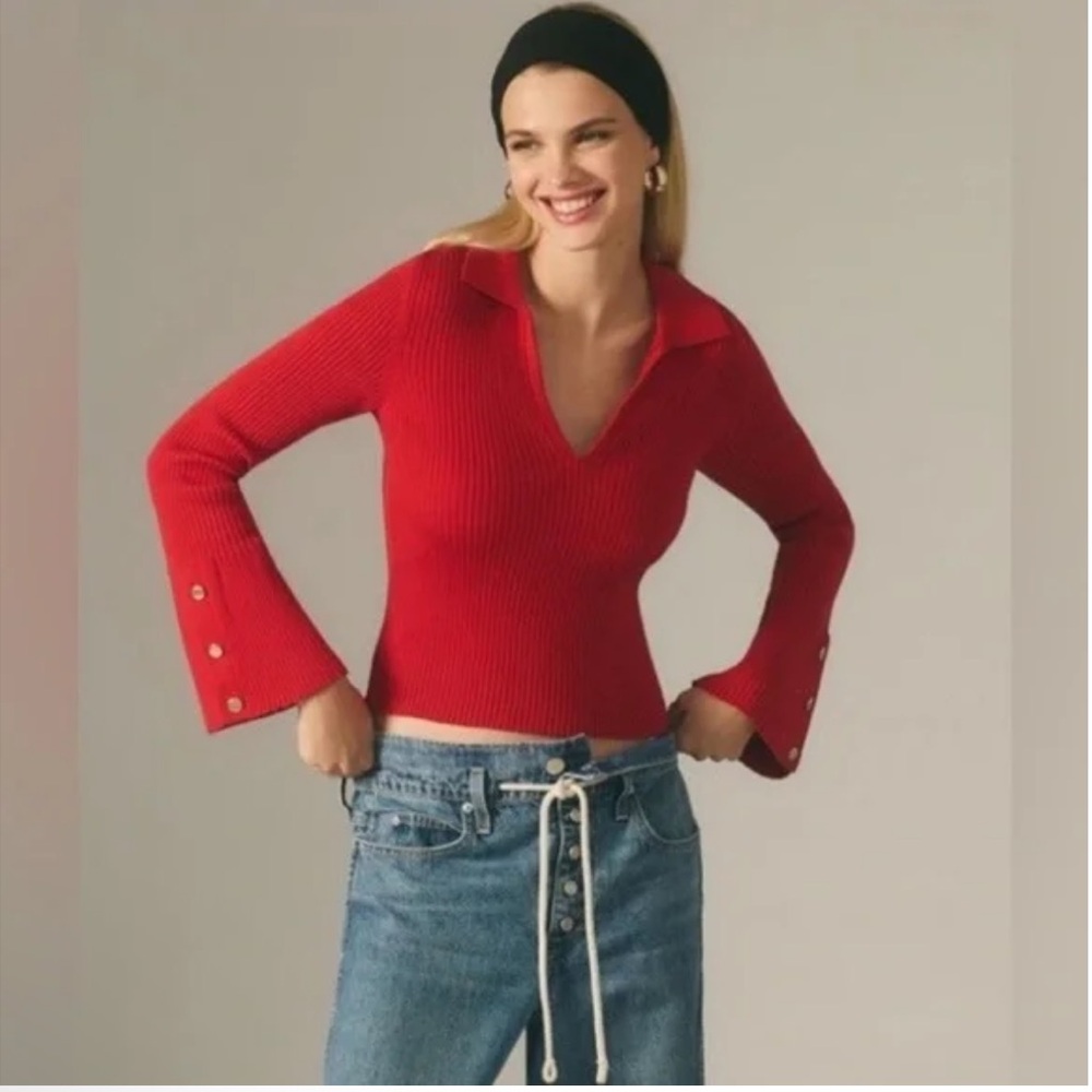 Anthropologie Red Bell Sleeve V-Neck Sweater with Buttoned Sleeves Size Medium